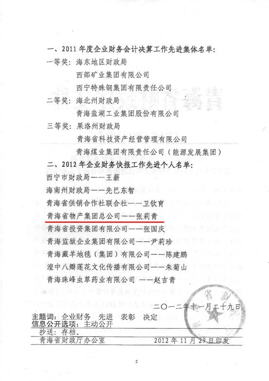 物產(chǎn)集團(tuán)榮獲2011年度財(cái)務(wù)決算先進(jìn)單位、2012年度財(cái)務(wù)快報(bào)工作先進(jìn)個人表彰